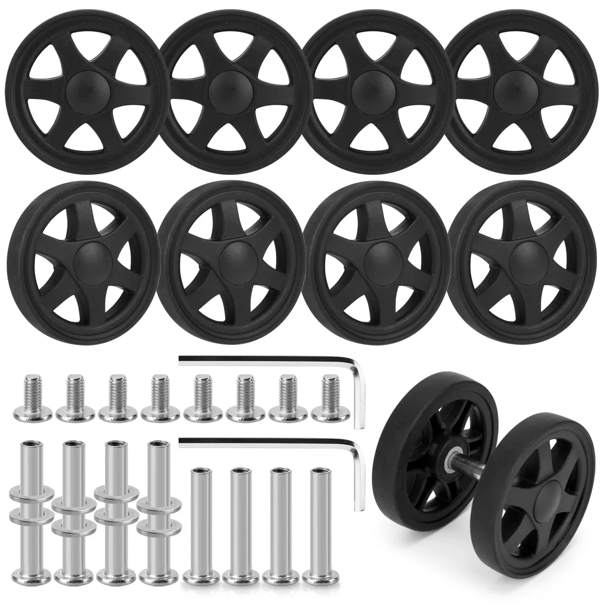 8 roulettes noires pour valise avec vis w/h, roues de remplacement résistantes à l'usure pour bagages, roues de réparation pour chariot, pièces de roulettes de 50 mm