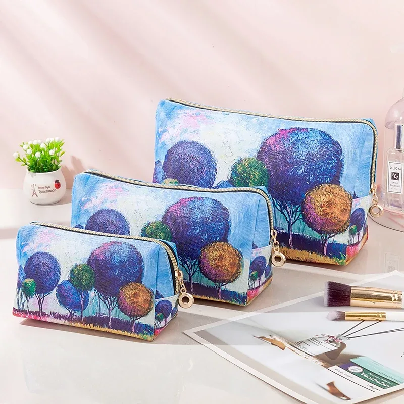 sac cosmétique imperméable en pu de style peinture à l'huile, sac de rangement portable de grande capacité, sac de maquillage multifonctionnel