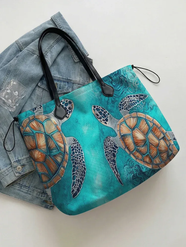 sac fourre-tout de grande capacité imprimé tortue de mer, sac à bandoulière en toile imperméable pour le shopping, les voyages, l'usage quotidien