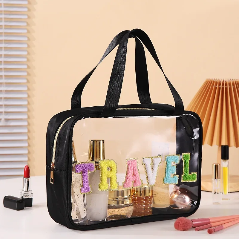 trousse de toilette de maquillage transparente, sacs de bain de plage de natation, sac de lavage de voyage portable, étui à cosmétiques en cuir pu, pvc étanche, nouveau
