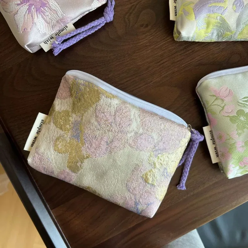 mini trousse de maquillage en satin jacquard style chinois, nouvelle collection été, texture lisse, pour cartes, rouge à lèvres, écouteurs, pour femmes
