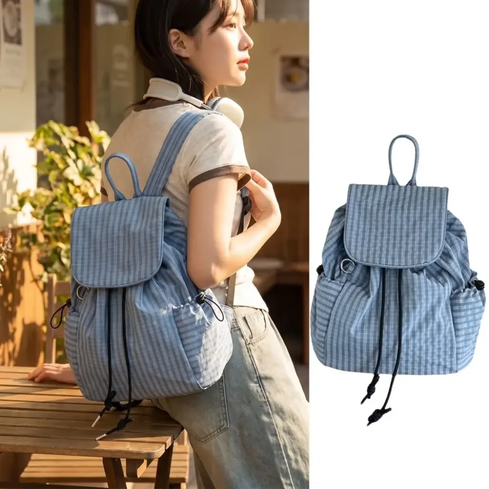 sacs à dos simples de couleur unie avec cordon de serrage, sacs à bandoulière coréens en toile plissée, sacs à dos décontractés légers en nylon à carreaux, unisexe