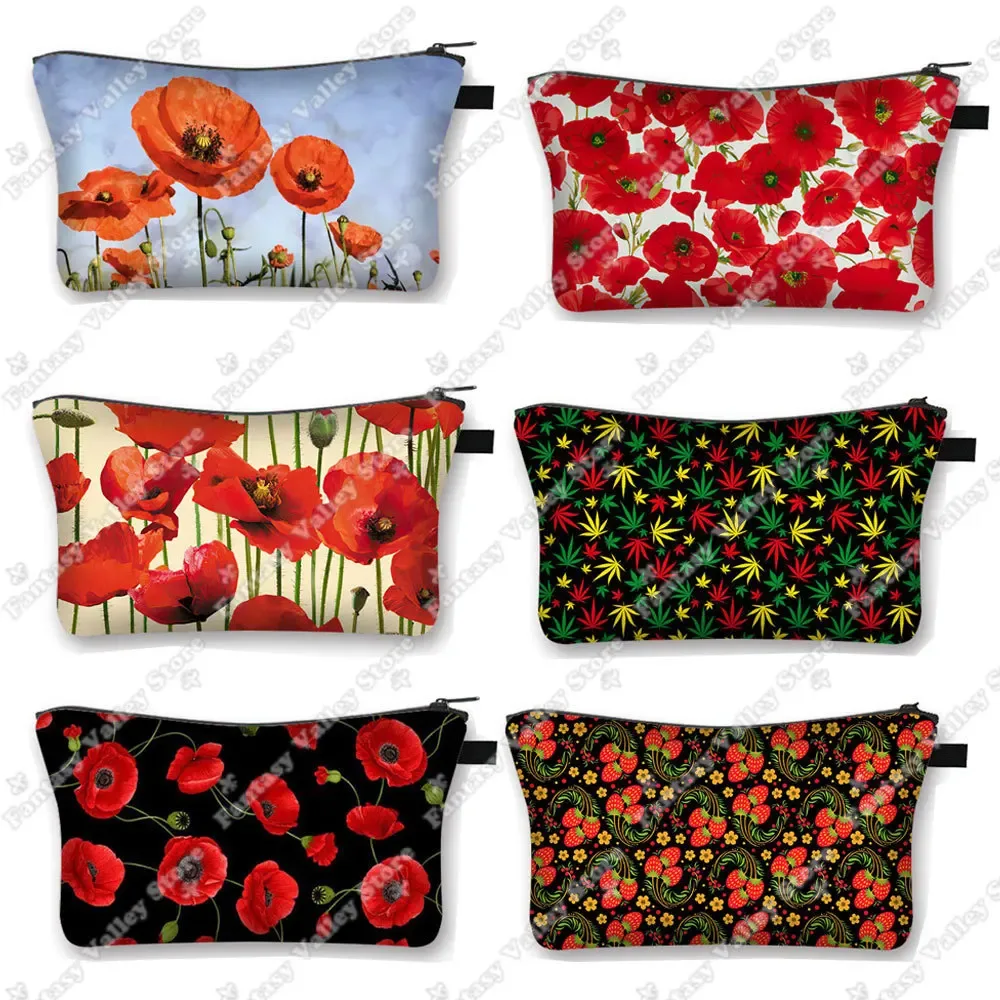 belle trousse à cosmétiques à imprimé de coquelicot rouge pour femmes, petite pochette, organisateurs d'articles de toilette, sacs à cosmétiques hip hop, trousse de maquillage mignonne