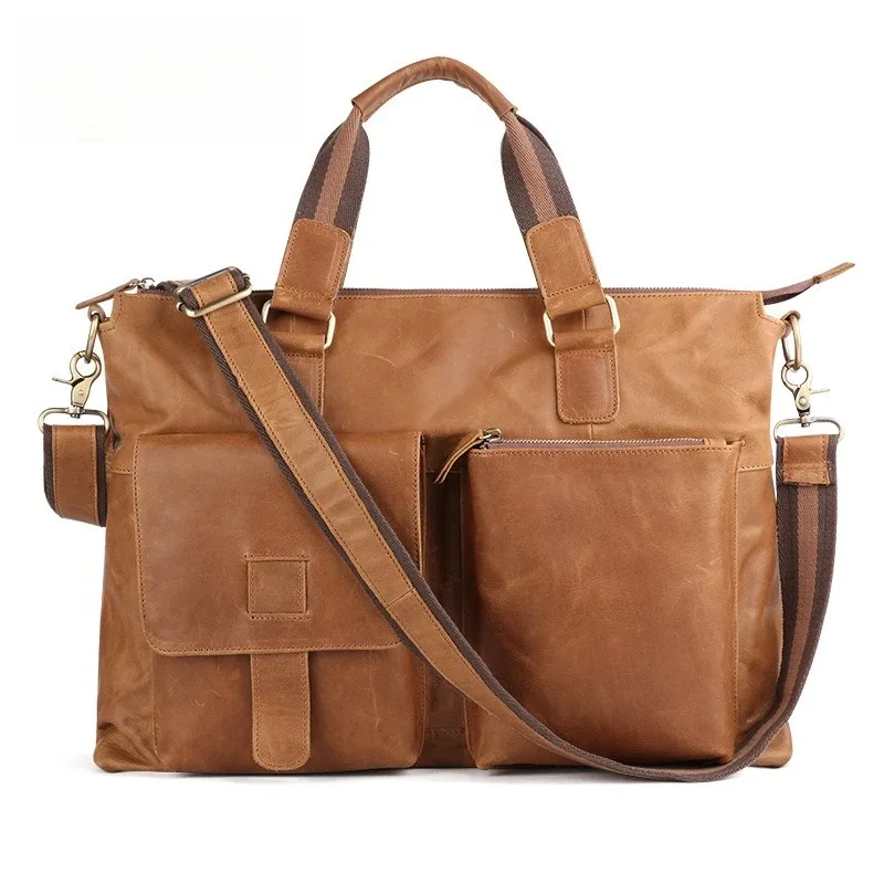 porte-documents d'affaires en cuir véritable pour hommes, sac pour ordinateur portable de 17 pouces, épaule horizontale, couche supérieure en peau de vache