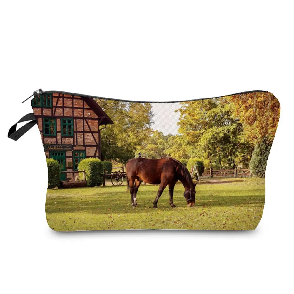 sacs de maquillage imprimés cheval pour femmes, sac à cosmétiques décontracté pour filles, mini trousse de toilette écologique réutilisable de voyage, trousse à crayons pour étudiants