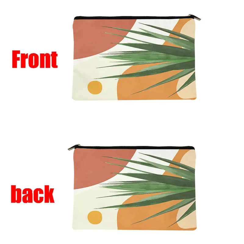 trousse de maquillage bohème en toile, motif abstrait de feuilles de plantes botaniques, pochette cosmétique minimaliste avec fermeture éclair, organisateur de toilette portable pour voyage.