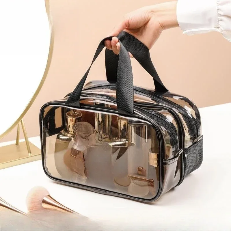 organisateur de cosmétiques double couche de grande capacité, 1 pièce, sac de lavage de voyage portable, pochette de maquillage transparente et étanche pour femme