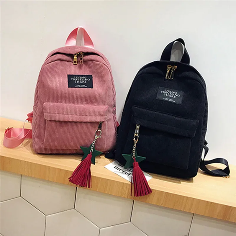 mini sac à dos en velours côtelé simple pour femme, style campus, capacité de document pure, double initié, solide, mode