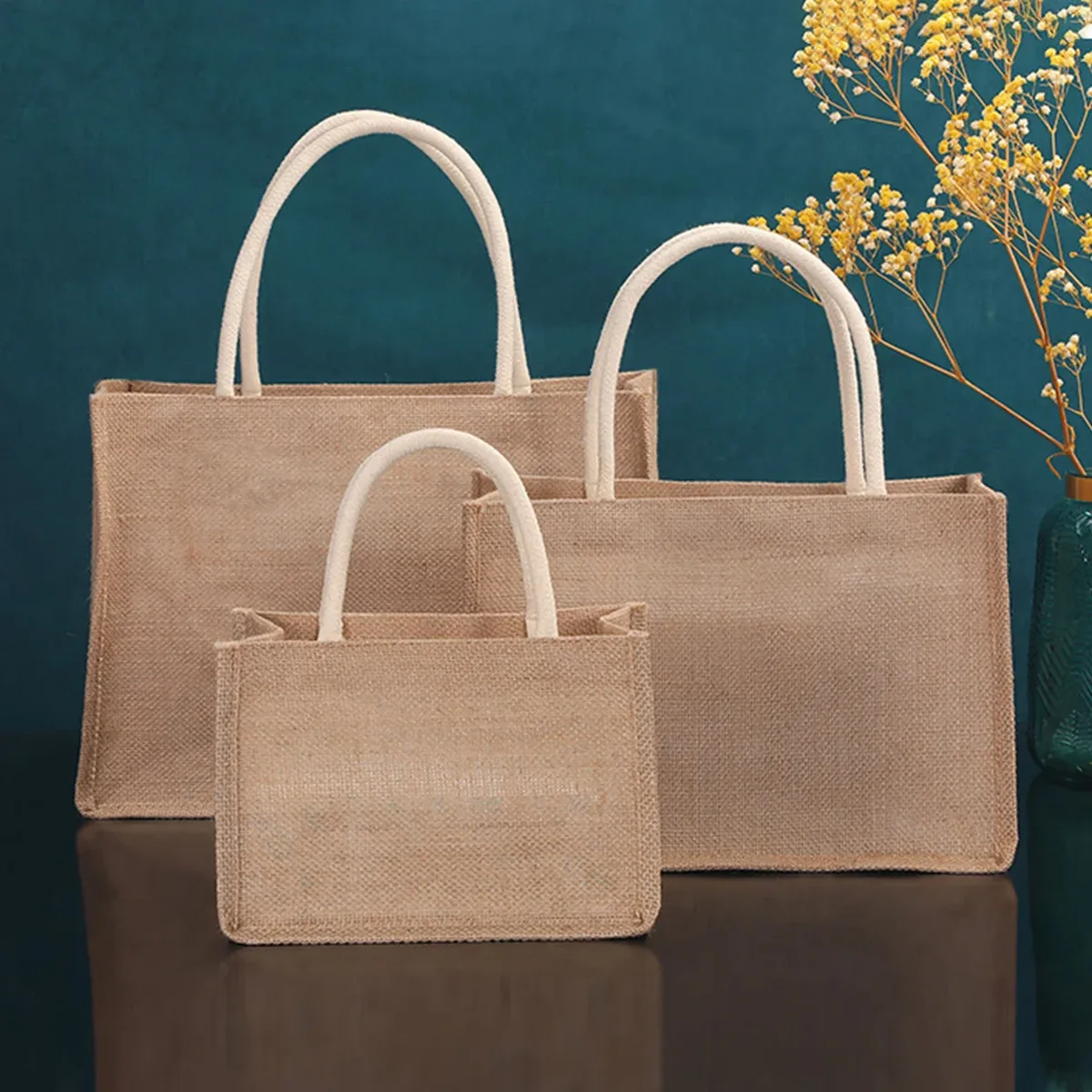 sacs fourre-tout en toile de jute vierge, sac à main de shopping de plage, sacs cadeaux vintage réutilisables avec poignée pour l'épicerie, artisanat, fêtes d'anniversaire