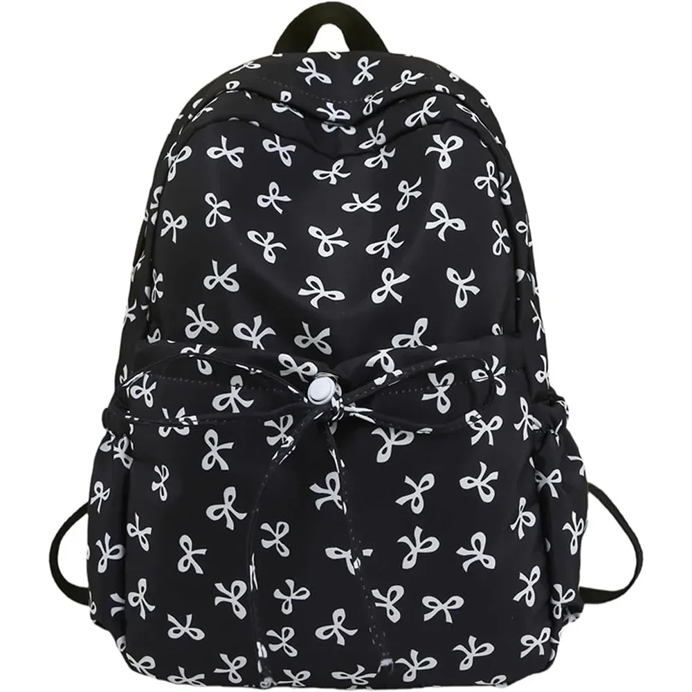 sac à dos mignon à nœud de grande capacité, sac d'école en nylon imprimé avec nœud, sac à dos de voyage à sangle réglable