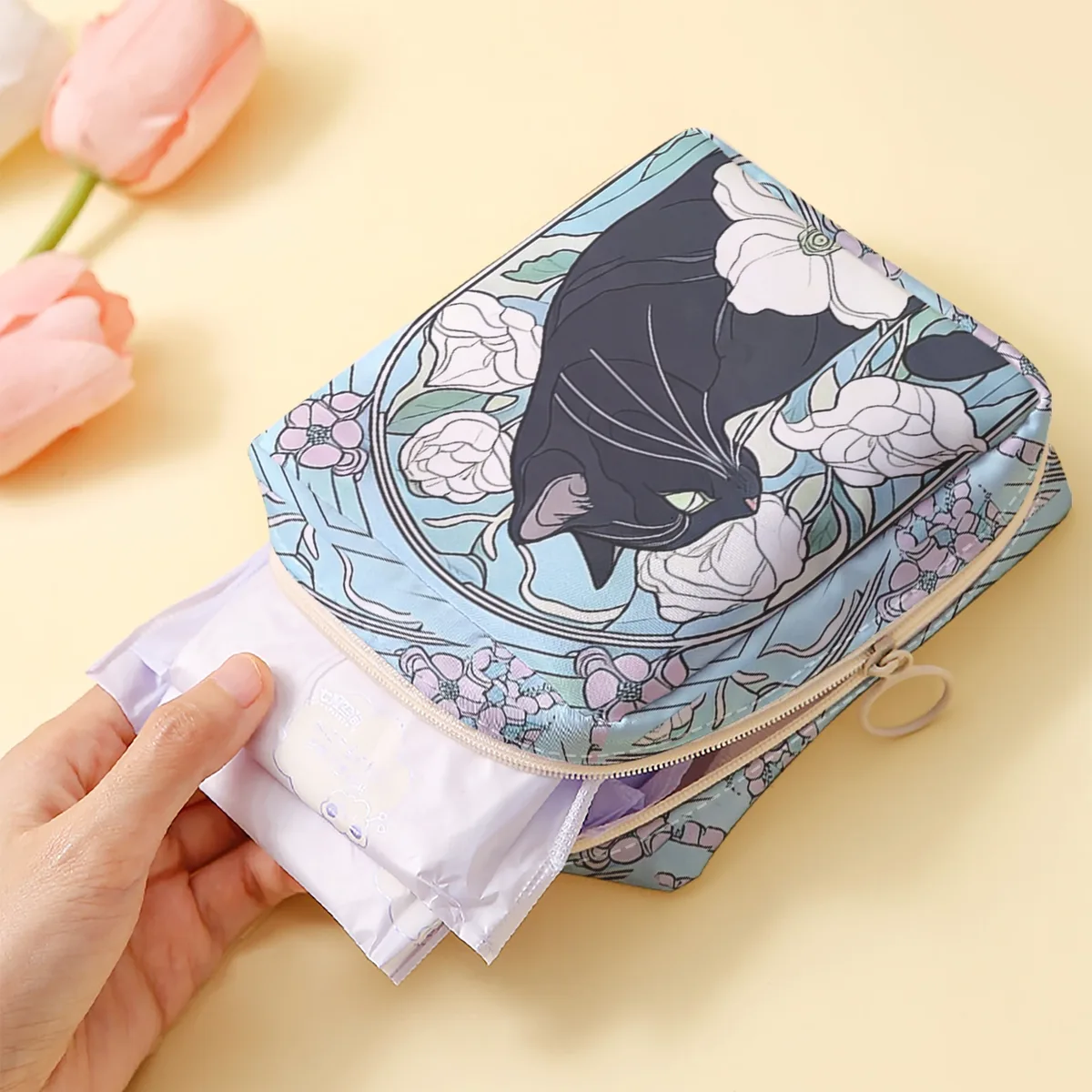 1 sac de rangement pour serviettes hygiéniques imprimé motif chat, sac léger pour mouchoirs pour femmes, sac pour mouchoirs hygiéniques