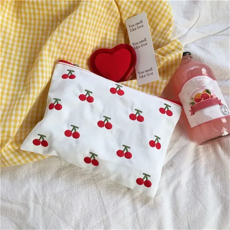 sac à cosmétiques en coton portable mignon cerise broderie femmes sacs de rangement petite femme voyage fermeture éclair maquillage téléphone pochette étui