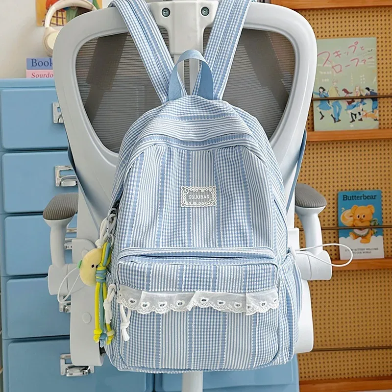 sac à dos coréen simple et esthétique en dentelle à volants, couleur unie, rayé, grande capacité, pour étudiantes, idéal pour l'école, les trajets quotidiens et les voyages