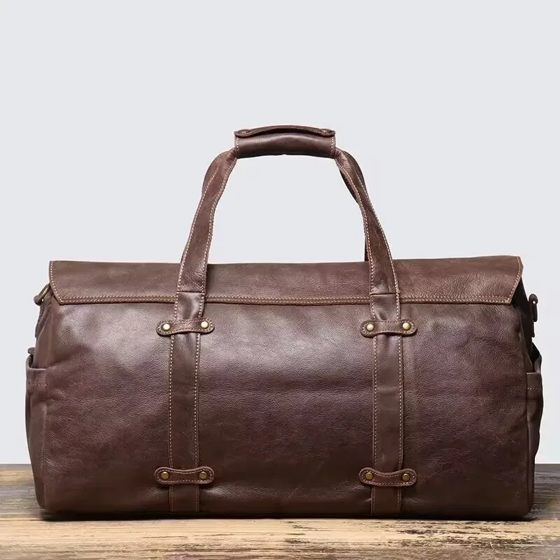 sac de voyage à main en cuir givré pour hommes, pour l'extérieur, courte distance, couche supérieure rétro en cuir de vache, sac à bandoulière pliable de grande capacité