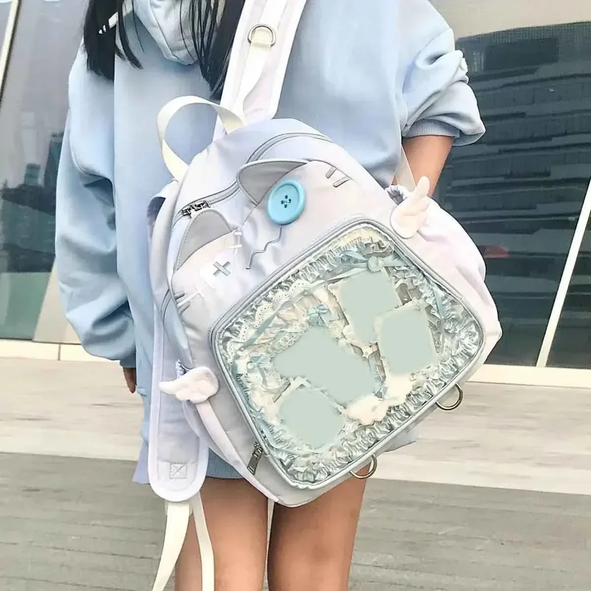 sac à dos chat mignon pour femme, sacs à dos esthétiques féminins, nylon, style japonais, mode décontractée, sac ita transparent, grande capacité