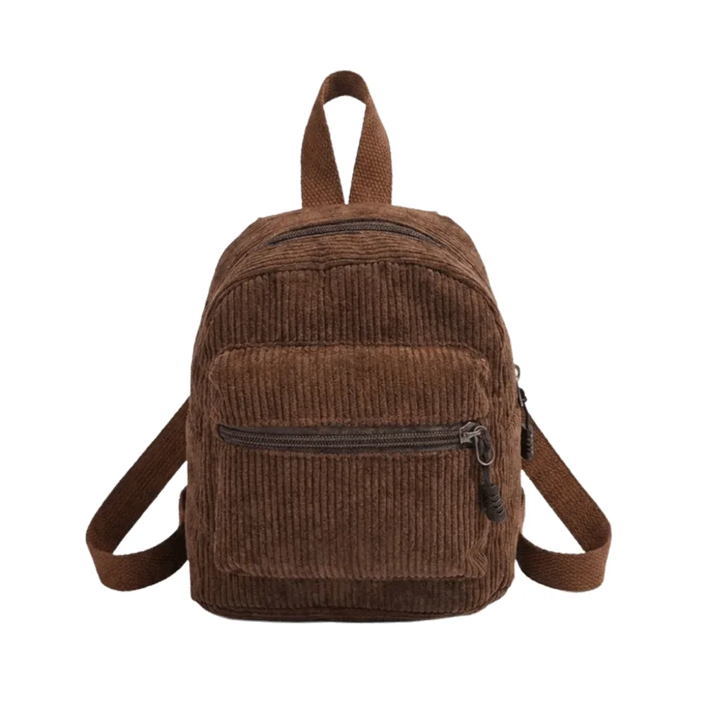 mini sac à dos polyvalent en velours côtelé de couleur unie, léger, avec fermeture éclair, double bandoulière, style vintage, multi-poches, pour le quotidien et les voyages