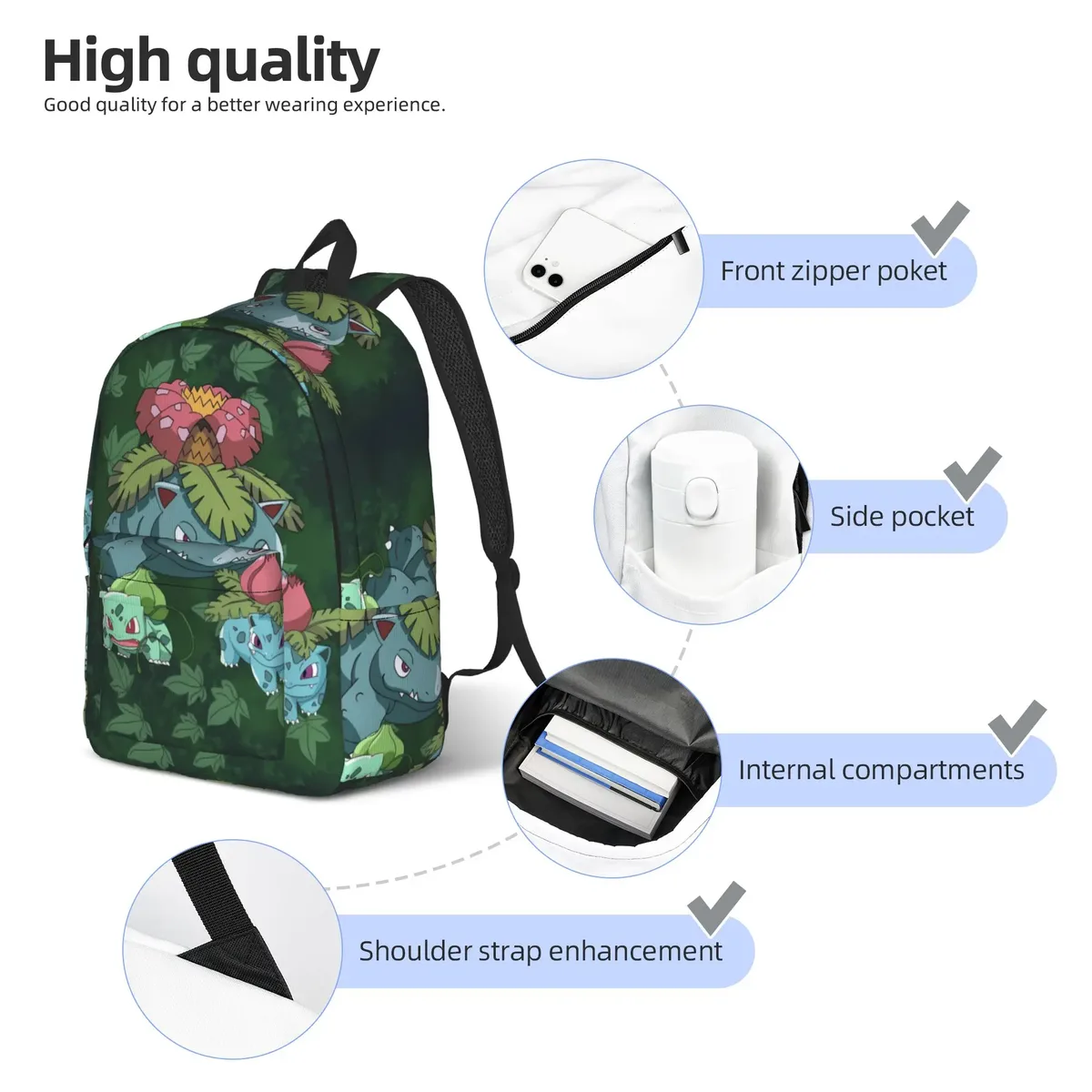 sac à dos de voyage bulbasaur forest cartoon, sacs à dos de voyage pour hommes, sacs d'école secondaire à motifs colorés, sac à dos cool