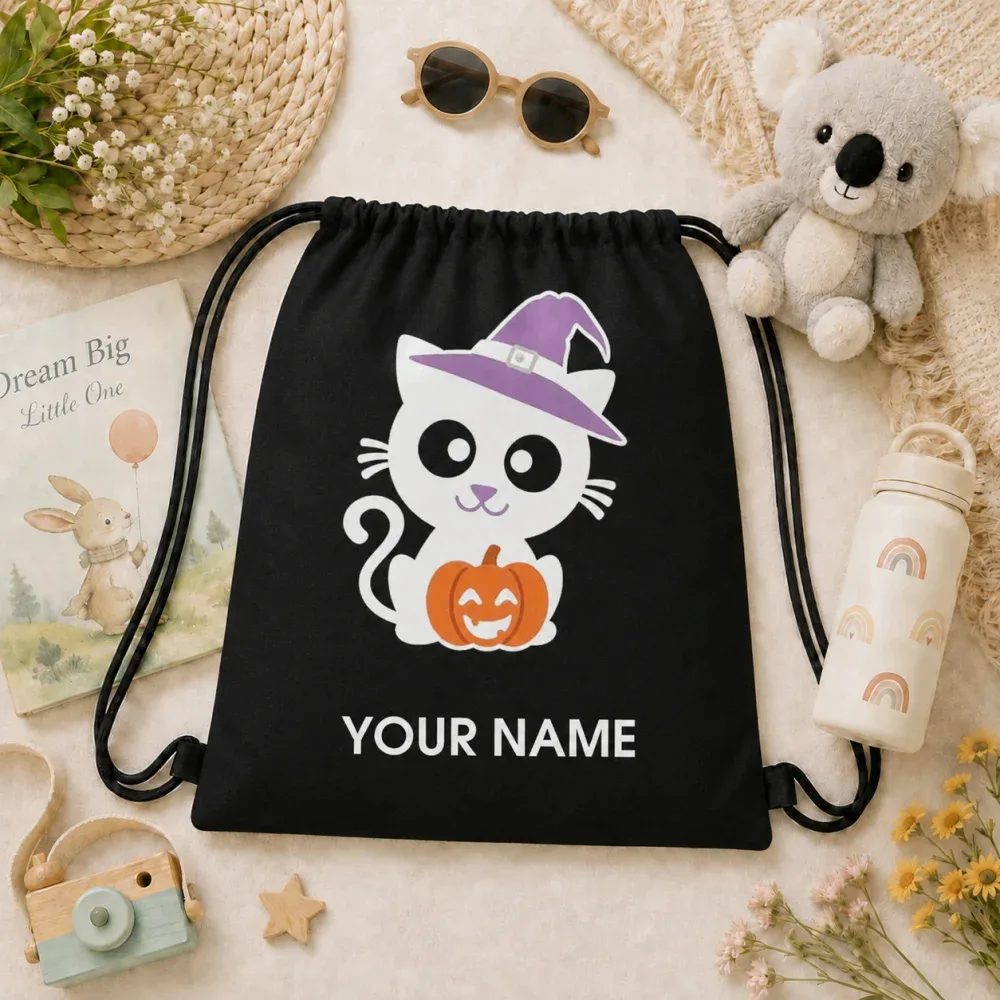 sac à cordon personnalisé avec nom, motif chat d'halloween, chapeau de sorcière, citrouille, sac à trucs ou fripes pour enfants, sac à dos 34x41cm