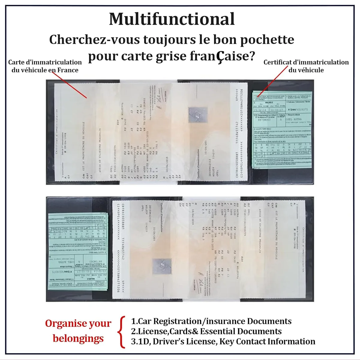 porte-documents de voiture à 4 compartiments, organiseur de véhicule doublé pvc pour immatriculation, assurance, passeport et cartes, portefeuille de voyage léger