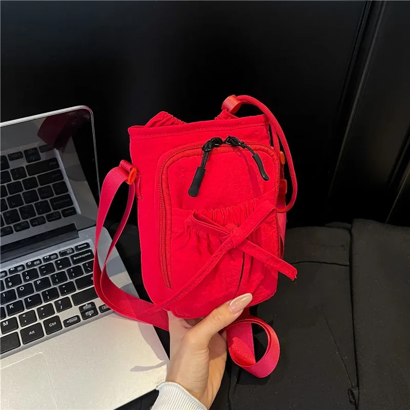 sac bandoulière d'été léger en nylon avec cordon de serrage et nœud, multi-poches, sangle réglable, pochette de rangement pour pièces de monnaie et clés, idéal pour l'extérieur (1 pièce)