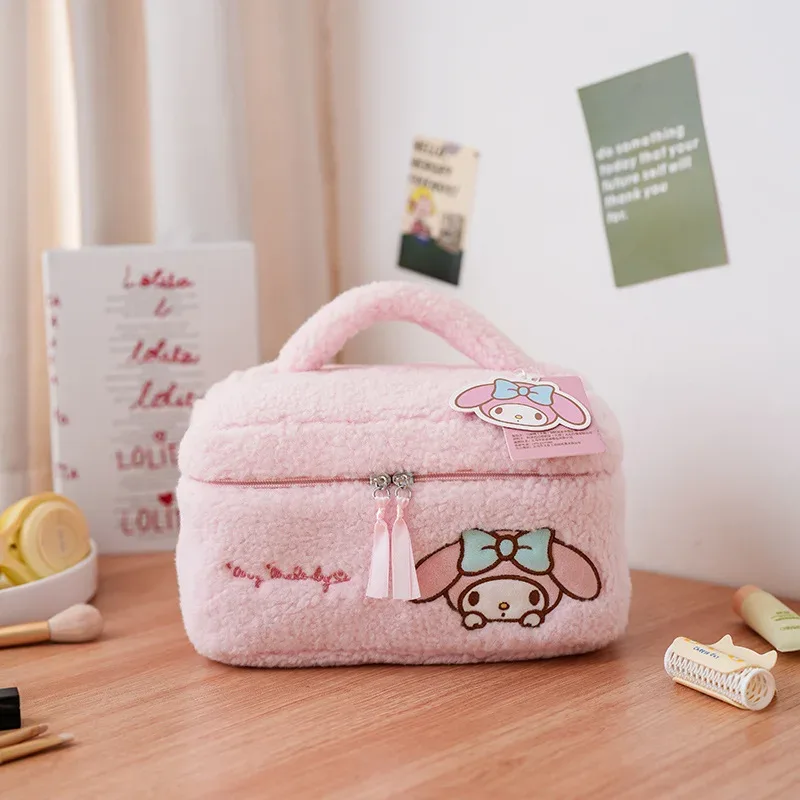 sac de maquillage en peluche sanrio, trousse à cosmétiques hello kitty, étui à crayons transparent, trousse de toilette de voyage brodée imperméable, pochette de maquillage portable