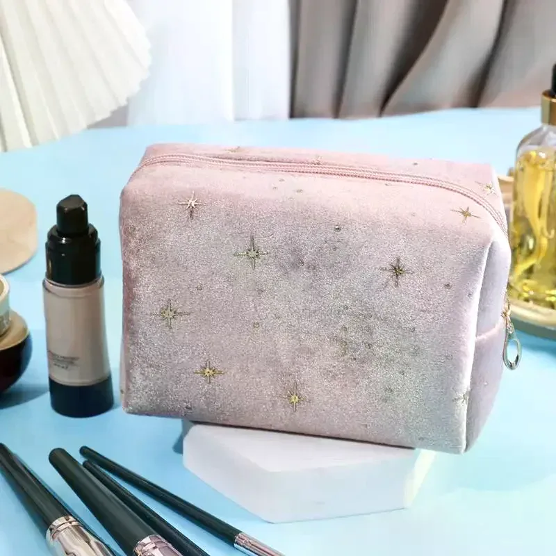 pochette à cosmétiques spacieuse en velours, sac de toilette de voyage avec motif étoile, trousse de maquillage portable pour rouge à lèvres