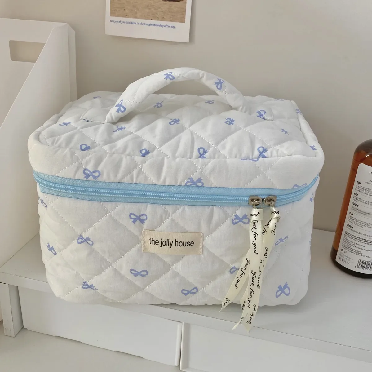 mode cerise fourre-tout femmes sac de maquillage portable mignon dames cosmétique toilette pochette de rangement sac à main coton matelassé sac à fermeture éclair