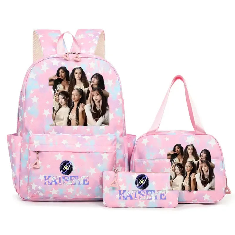 sac à dos scolaire pour étudiants avec imprimé amusant hot katseye, ensemble de sacs à dos, sac à déjeuner et trousse à crayons, sac à dos populaire pour enfants et adolescents, couleur bonbon