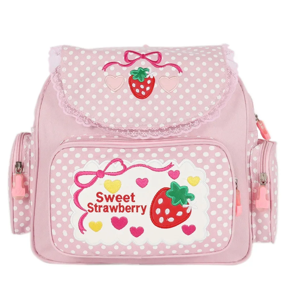 sac à dos scolaire tendance pour fille, motif fraise de dessin animé, à pois, avec nœud, multi-poches, pour étudiante