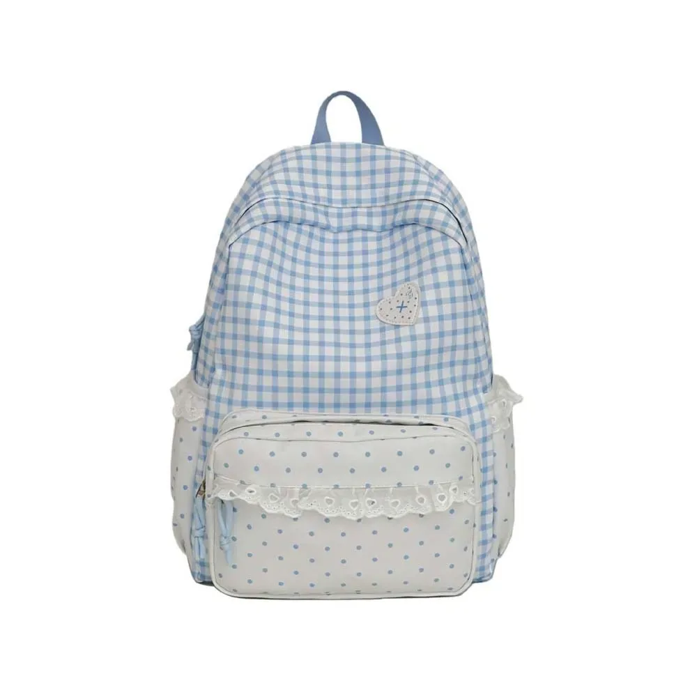 sac à dos en tissu vichy de style coréen, couleurs pastel, design à volants, sac d'école en dentelle, bretelles réglables, sac à dos à pois et à carreaux pour les voyages quotidiens.