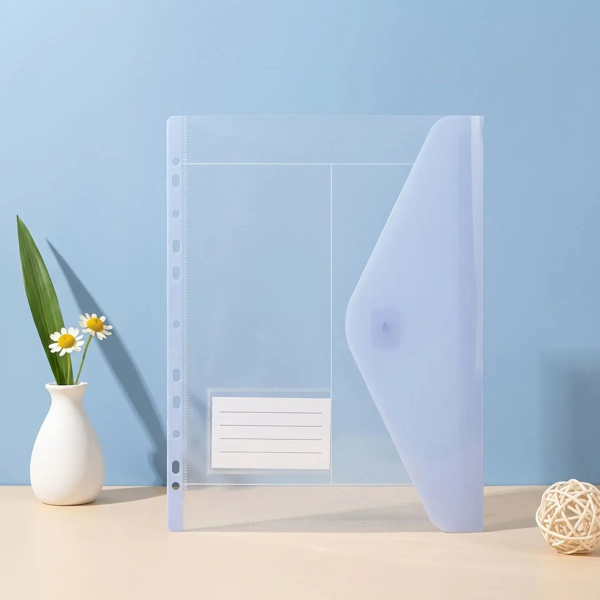 pochette de rangement transparente a4 pour documents, classeur à feuilles mobiles, sac de rangement à 11 trous avec fermeture auto-agrippante, design épuré