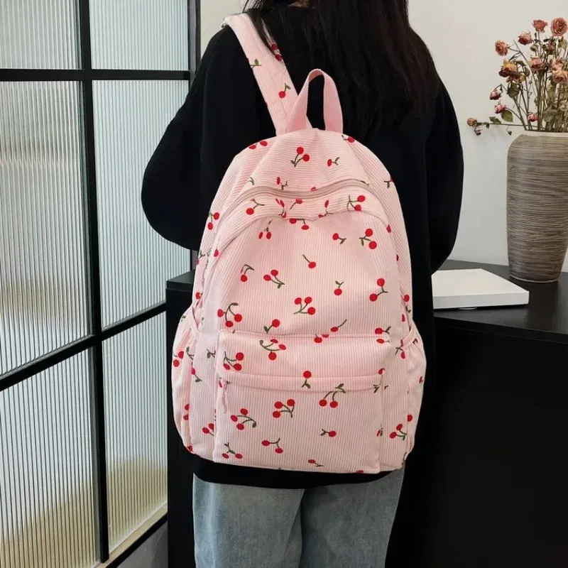 sac à dos en velours côtelé motif cerise pour femmes, sac de jour de voyage, sangle réglable, sac à dos pour ordinateur portable, fermeture éclair pour le travail, le shopping, l'école