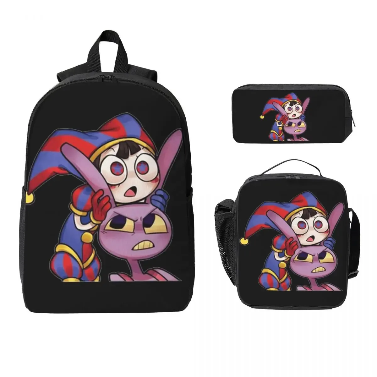 pomni tadc jax l'incroyable cirque sac à dos garçon filles bookbag sac d'école ordinateur portable sacs à bandoulière 3ps sac à déjeuner isolé trousse à crayons