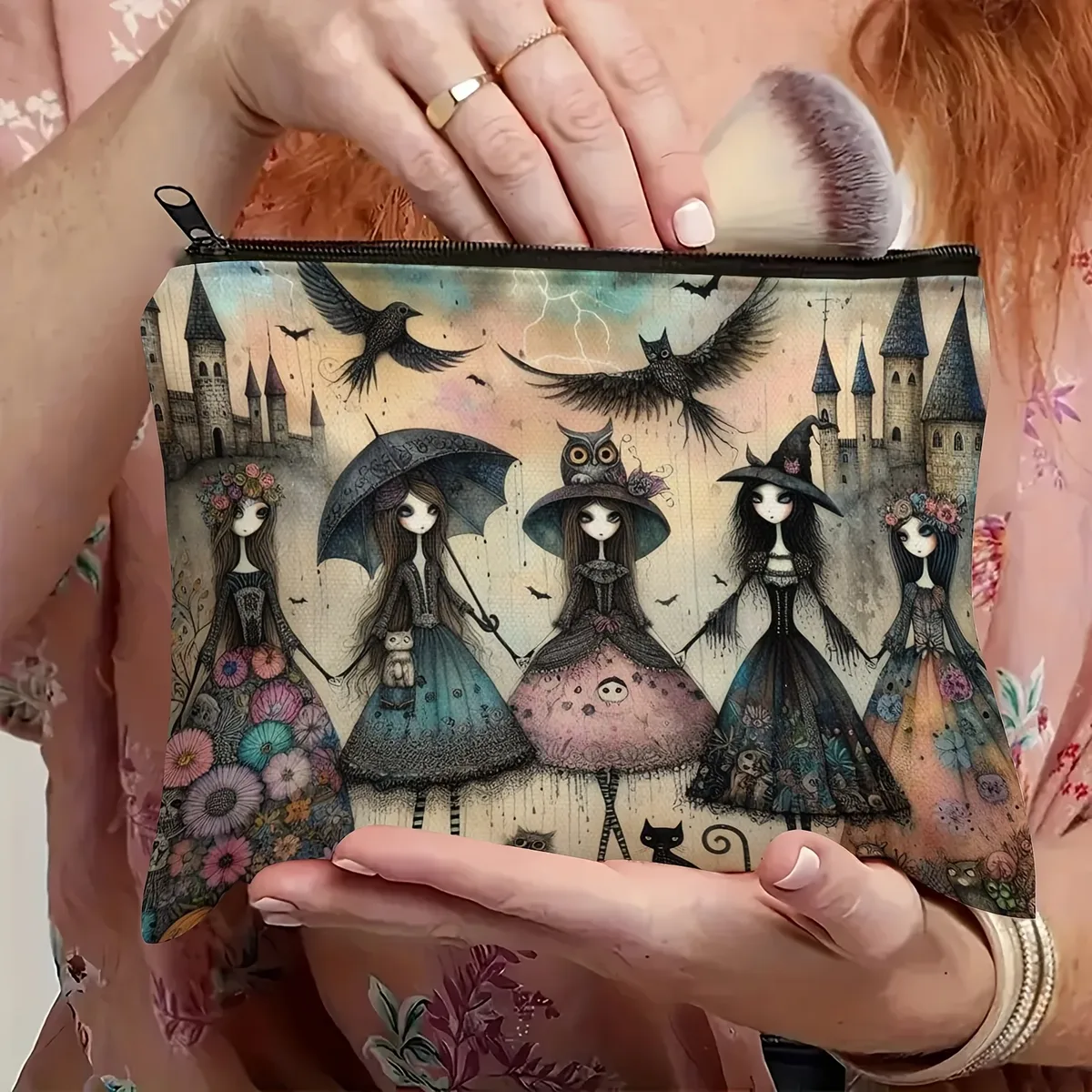 trousse de maquillage gothique fantaisiste – pochette cosmétique design sorcière enchantée, chat noir et hibou pour voyage, sac de rangement sur le thème d'halloween