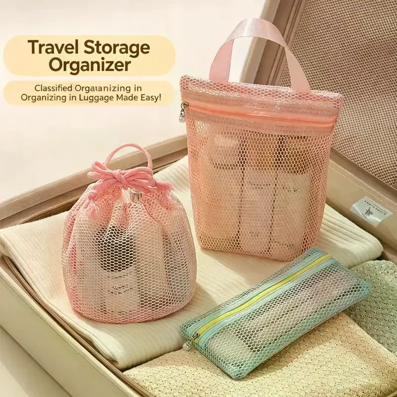 trousse de toilette de voyage - sac de rangement respirant en tissu maillé de grande capacité pour articles divers - trousse à maquillage visible - cordon de serrage