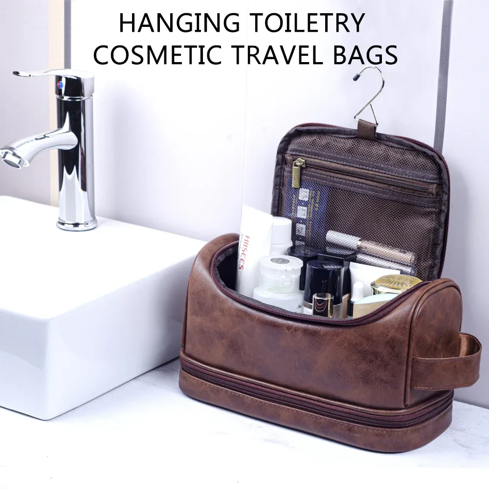 trousse de toilette, trousse de voyage en cuir pour homme avec crochet de suspension, grande trousse de toilette imperméable pour la salle de bain et le rasage