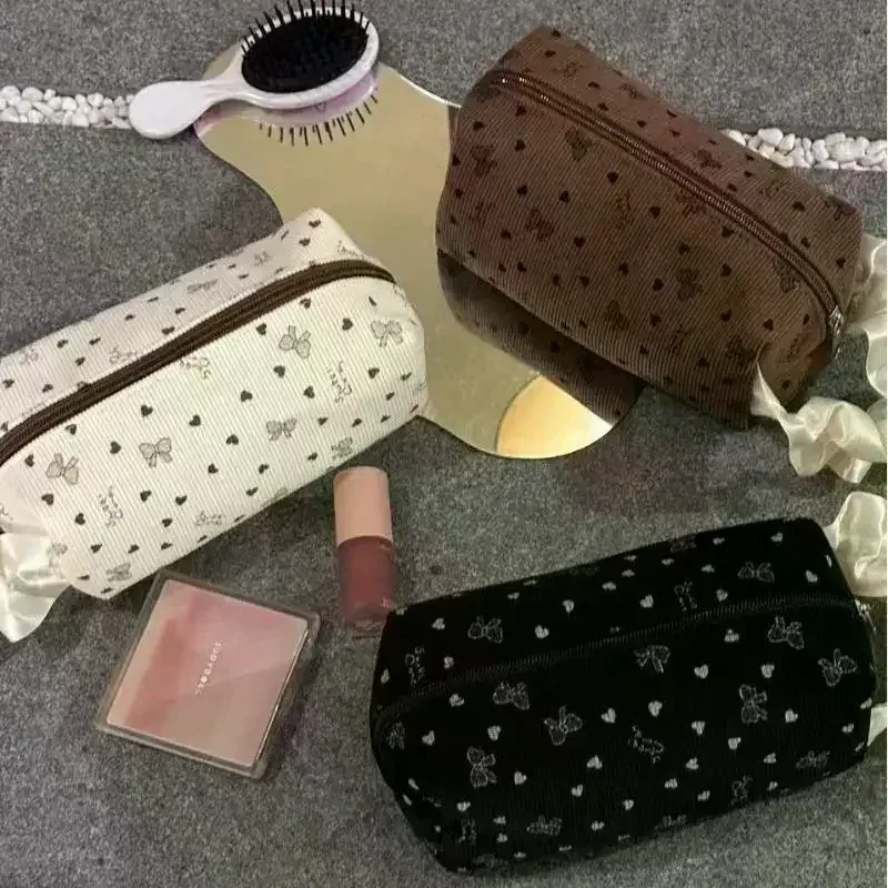 kawaii – trousse de maquillage avec nœud en velours côtelé, grande capacité, sacs à cosmétiques multifonctionnels pour femmes, étuis à main, trousse à crayons, sac de rangement