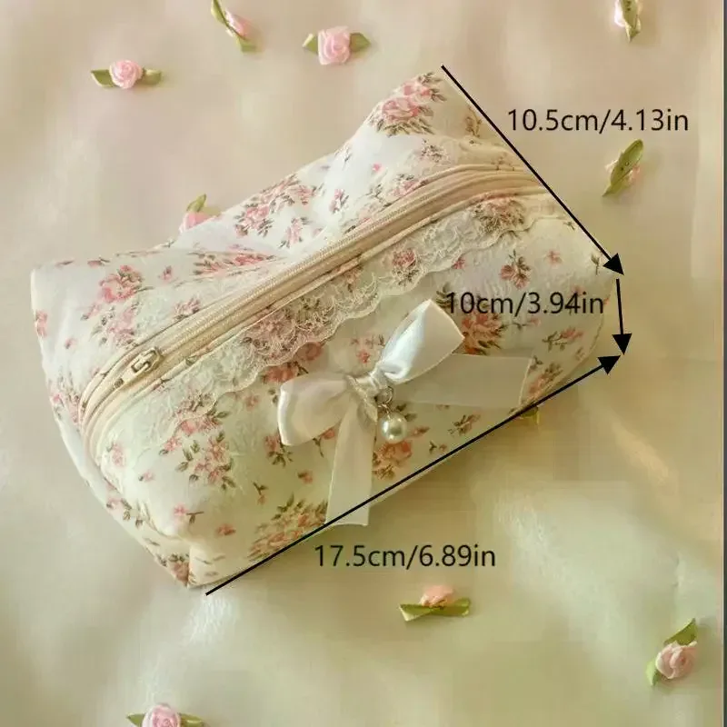 trousse de maquillage grande capacité mignonne avec nœud en dentelle, sac cosmétique de voyage pour femme, trousse de toilette à fermeture éclair, étui à crayons, sacs de rangement