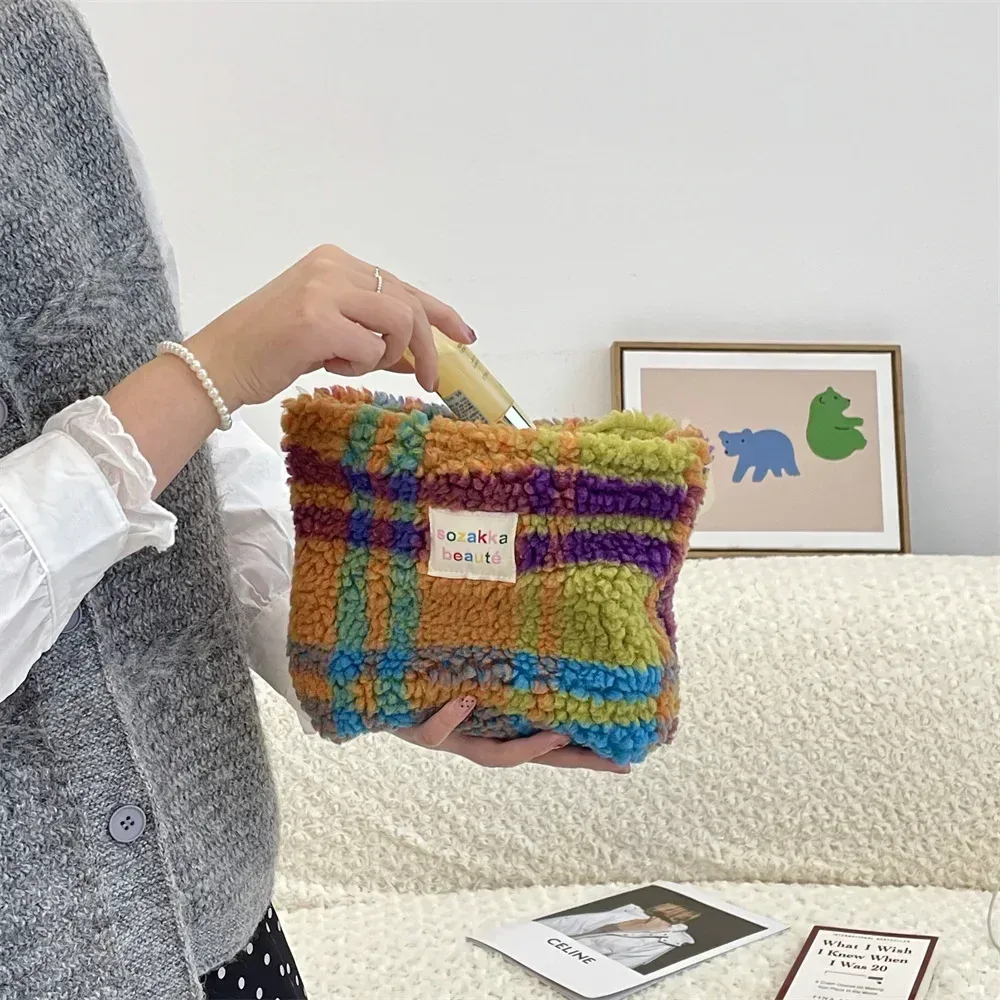 pochette rétro rayée pour femmes, sac à cosmétiques, trousse de toilette en peluche, sacs de maquillage, pochette de maquillage, étui de voyage, organisateur de cosmétiques