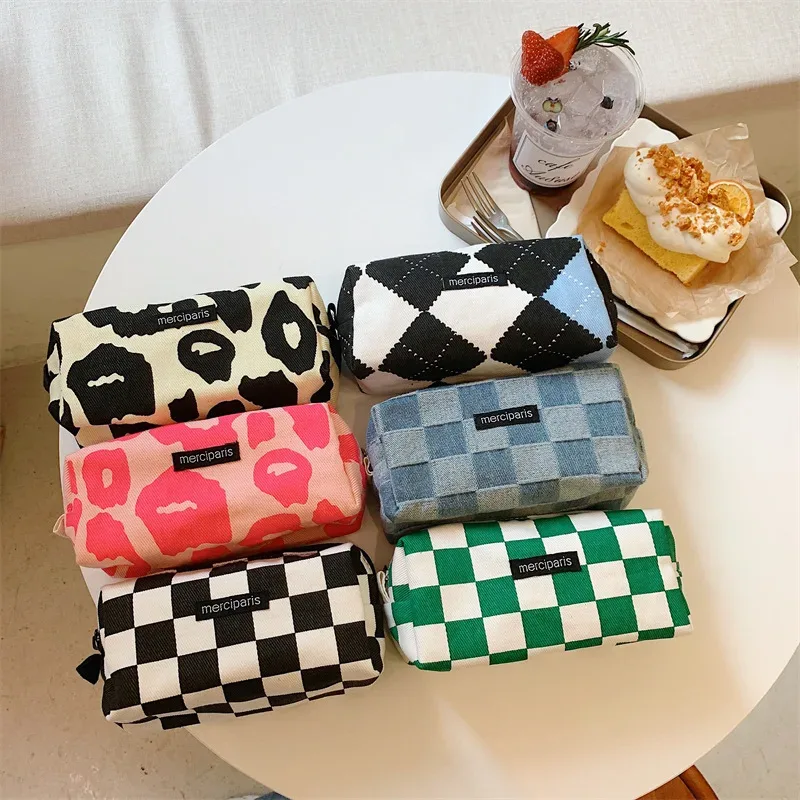 trousse de maquillage de voyage à carreaux, sac de rangement cosmétique, sacs à main pour femmes, portefeuille, étuis à crayons scolaires mignons, sacs en poudre, mode coréenne