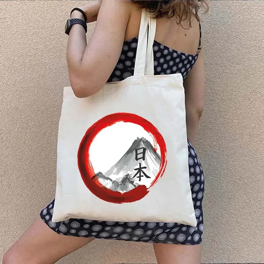 sac fourre-tout en toile à bandoulière pour le shopping, motif maneki neko, chat porte-bonheur japonais mignon, style mont fuji, style japonais, geisha de kyoto, tokyo japon