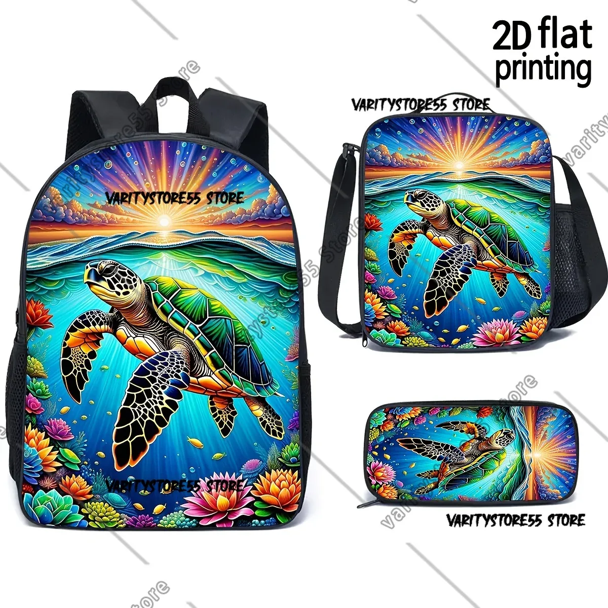 sac à dos tortue de mer pour étudiants, garçons et filles, sac d'école, sac à bandoulière pour ordinateur portable, 3 pièces, sac à déjeuner isotherme, trousse à crayons