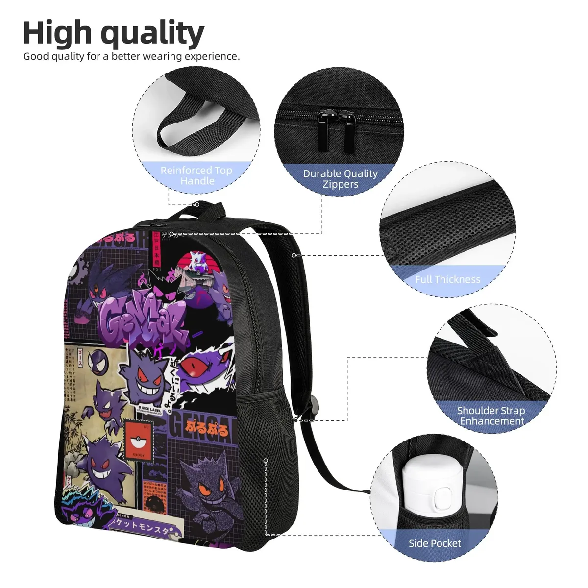 sac à dos tendance pokemon gengar à texture craquelée, sac ita, mochila, sac à dos vintage rétro lavable pour voyage