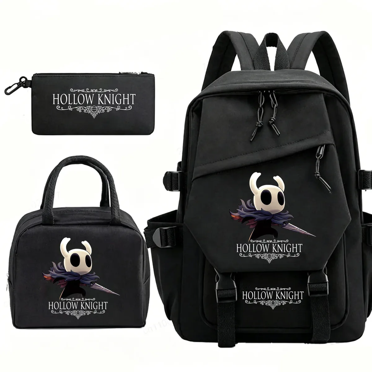 sac à dos hollow knight pour hommes et femmes, sac de voyage, sac à déjeuner, trousse à crayons, ensemble de 3 pièces, cartable pour étudiants