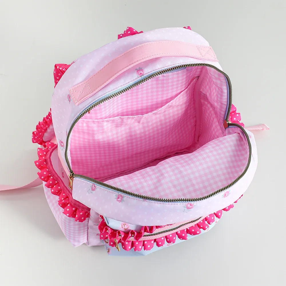sac à dos pour filles à volants, toile florale, doublure à pois et à carreaux, grande capacité, rose, mignon, pour la rentrée scolaire.