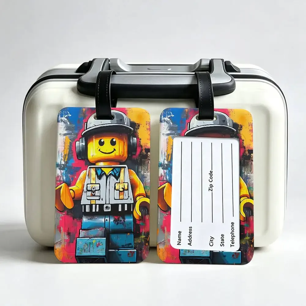 étiquette de valise en pvc anti-perte l-legos avec carte d'information, motif de dessins animés représentant diverses professions, identifiant de bagages léger pour les voyages quotidiens.