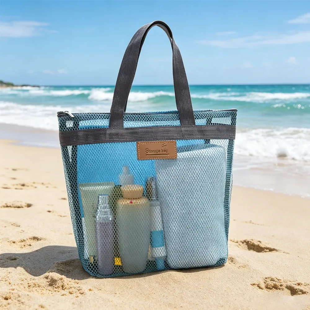 grande trousse de toilette portable en maille avec poignées durables et fermeture éclair pour voyage, plage, natation et rangement