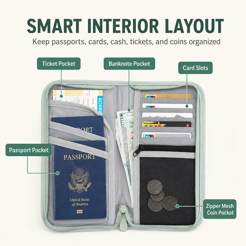 portefeuille de voyage rfid, organiseur de passeport, porte-documents, porte-cartes, pochette de rangement pour billets et argent avec dragonne pour le voyage