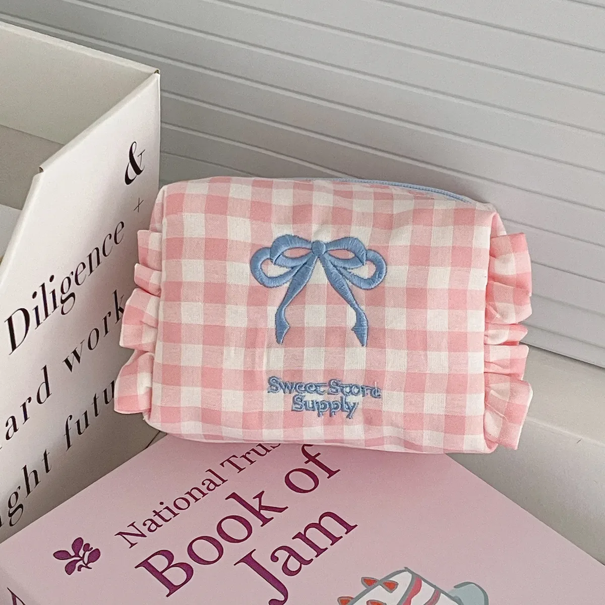 kawaii sac cosmétique plaid arc trousse de maquillage mignon petit sac fille style doux à volants maquillage trousse maquillage sac organisateur pochette
