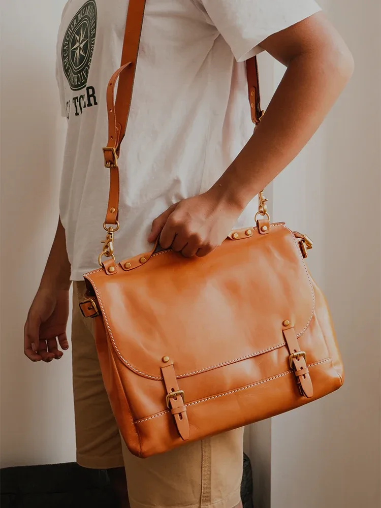 pndme vintage haute qualité en cuir véritable hommes porte-documents mode voyage à la main en cuir de vache travail épaule sac de messager
